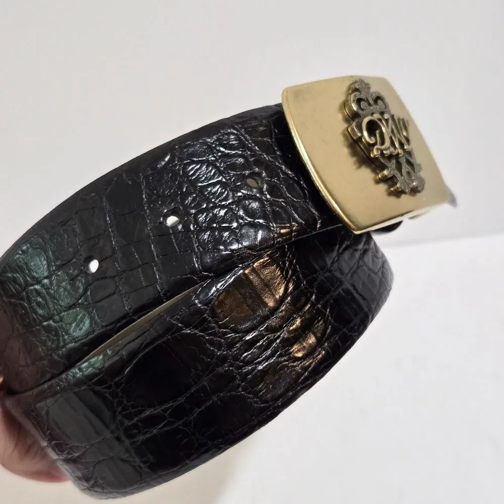 DKNY vintage Women Belt M croc embossed leather Logo Crest Monogram Buckle Black